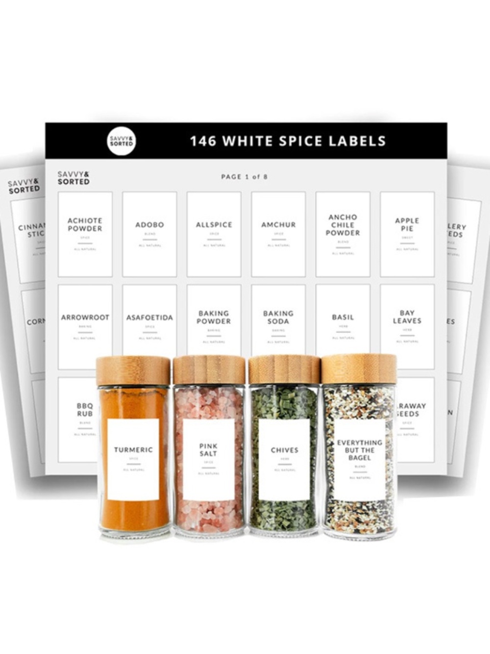 Savvy & Sorted, 146 White Preprinted Minimalist Spice Jar Labels